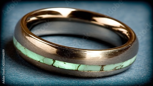 Commercial eye level close-up of metallic gray ring with neon blue light, dark blue reflective surface and dark gradient background. 