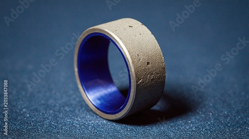 Minimalist eye level close-up of neon blue ring centered in lower half, dark blue reflective surface and dark gradient background.