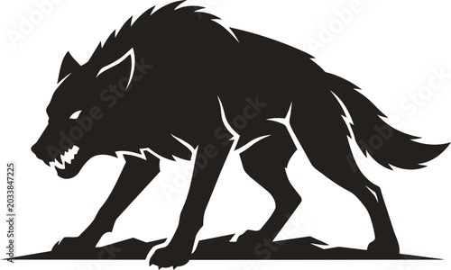 Aggressive snarling wolf silhouette in a crouching hunting pose with sharp teeth and fur details.