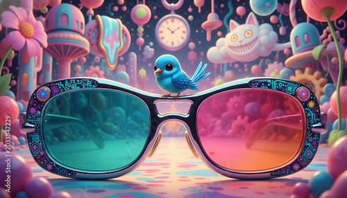 Whimsical blue bird perched on colorful eyeglasses with a surreal dreamscape