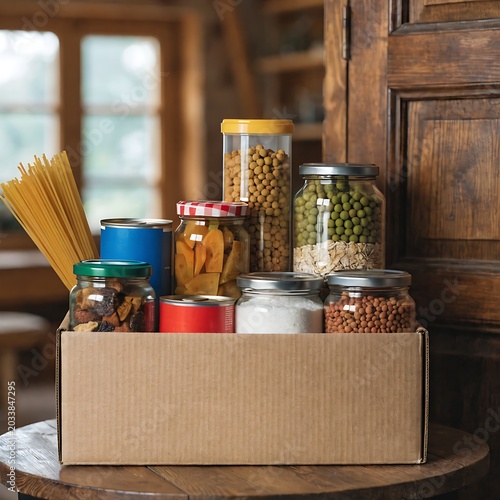 In a cozy setting, a cardboard box holds a treasure trove of nonperishable foods. Filled with jars, pasta, and snacks, it waits to bring comfort and sustenance to those in need