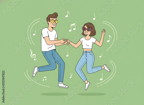 Young couple dancing joyfully with musical notes in a vibrant setting illustration