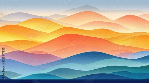 Abstract Multicolored Layered Waves in Vibrant Gradient Hues Creating an Impression of Dynamic Mountain Landscape