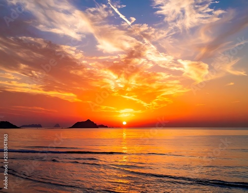 Vibrant orange sunset over calm ocean waters
