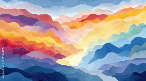 Vibrant Abstract Landscape with Colorful Wavy Patterns and Striking Horizon in Surreal Warm and Cool Tones Artwork