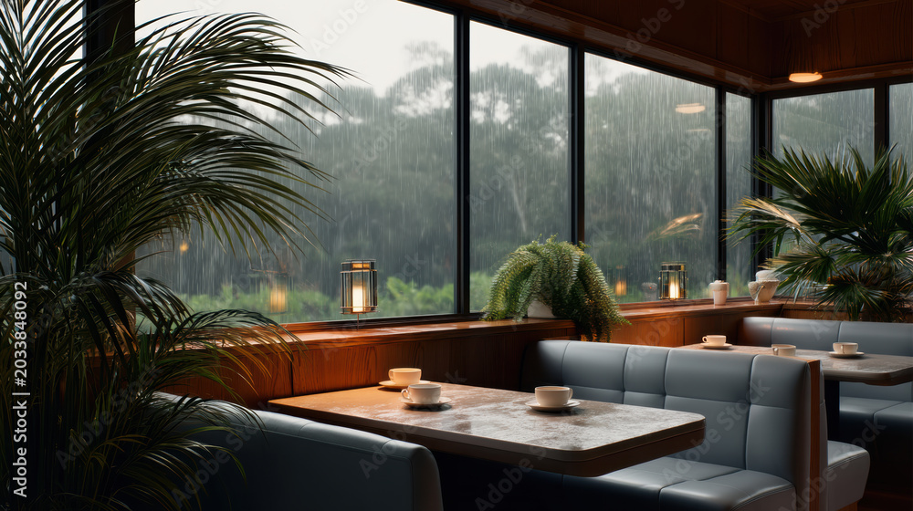 Fototapeta premium Cozy cafe interior with blue booth seating, marble tables, lush green plants, and large windows showing rainy forest view