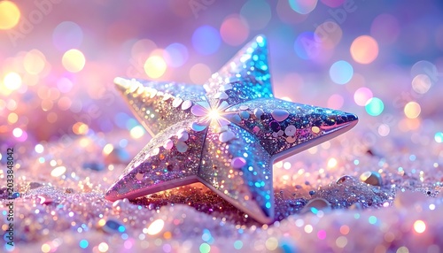 Sparkling star-shaped decorations on glittery surface with bokeh lights