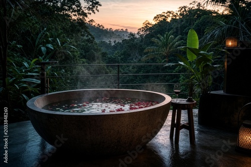 Serene Jungle Bath Retreat: An inviting outdoor bathtub filled with floral petals and steaming water, nestled on a deck overlooking a misty jungle at sunrise, offers a tranquil escape.