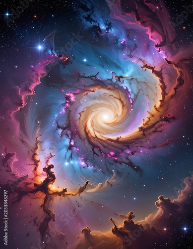 Vibrant cosmic spiral galaxy with swirling clouds of purple, blue, and orange gas