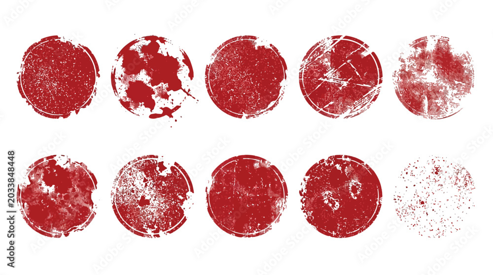 Fototapeta premium Ten red circular grunge rubber stamps featuring various distressed textures in this artistic collection image