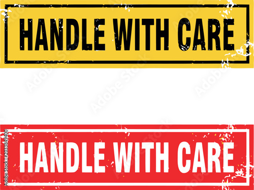 Handle With Care Warning Labels in Yellow and Red Distressed Style