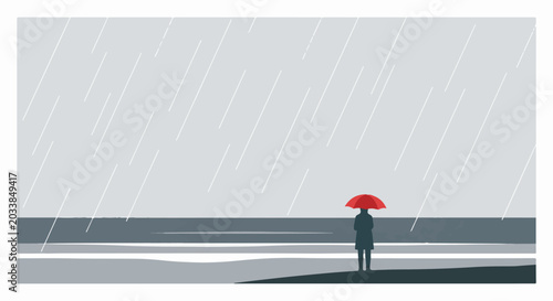 Foto Solitary figure with red umbrella stands by gray sea under downpour