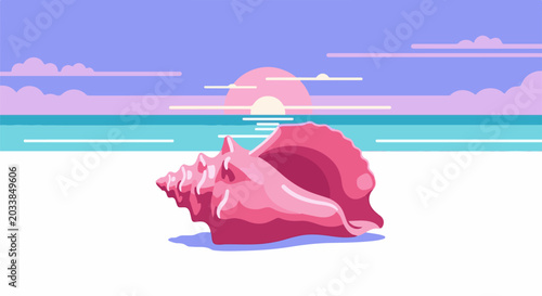 Pixelated pink seashell rests on a white beach with a pastel sunset