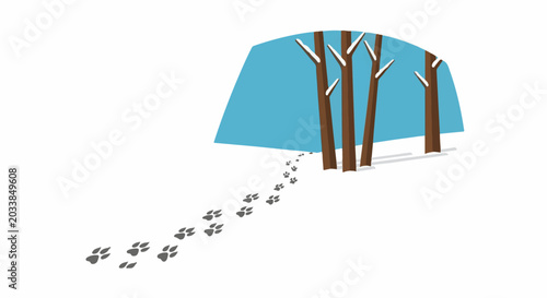 Animal tracks lead through a snow-covered forest landscape