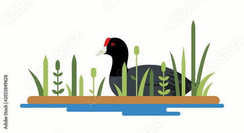 Minimalist illustration of a coot bird resting among reeds by a body of water
