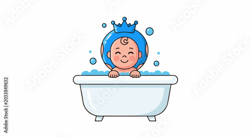 A happy baby in a bathtub wearing a crown and surrounded by bubbles