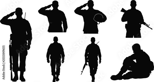 Foto Soldiers silhouettes illustration vector various poses with rifles and helmet
