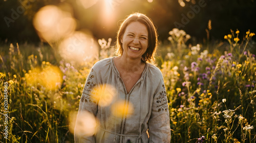 Woman Smiling Joyfully in a Sunlit Flower Field