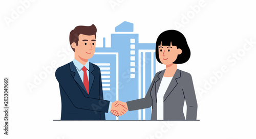 Business professionals in suits shake hands with cityscape background