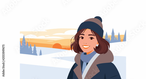 Smiling woman in winter attire against a snowy sunset backdrop