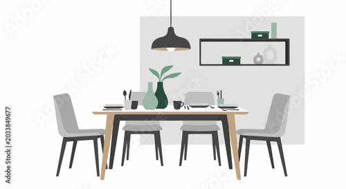 Modern dining setup with chairs, table, and wall decor