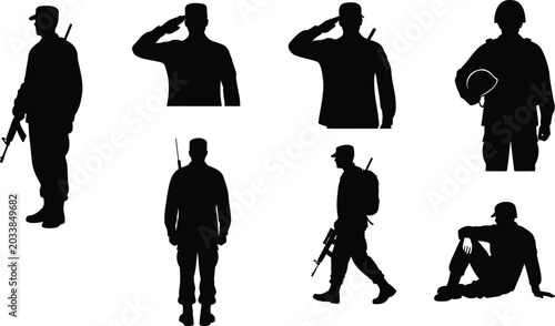 Photos Soldier vector silhouette illustration with rifle and saluting and sitting down