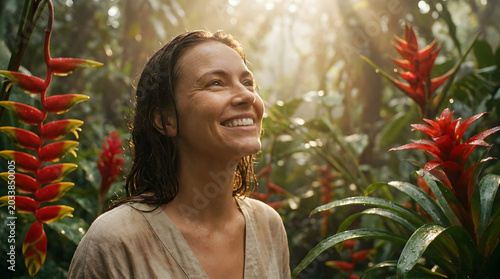 Happy Woman Smiling in Lush Tropical Jungle