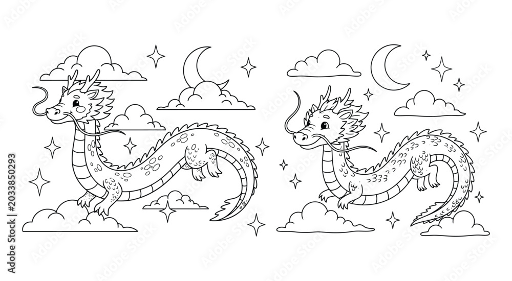 Obraz premium Cute dragon coloring page with moon and stars in the clouds