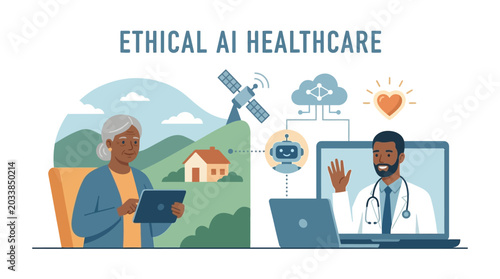 An illustration showing ethical AI in healthcare, with an elderly woman using a tablet for remote consultation with a doctor via telehealth technology.