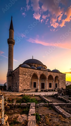 Ancient stone mosque with minaret at sunset