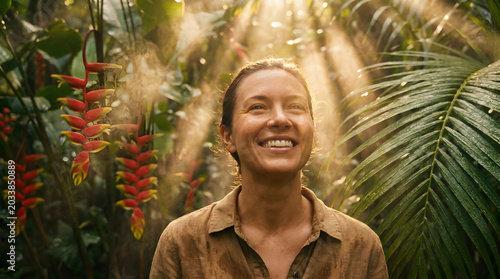 Joyful Woman Smiling Amid Lush Green Jungle Environment