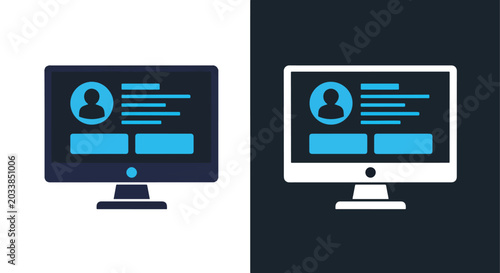 Computer screen with user profile icon: Glyph and solid icon set - Icon vector - logo icons. Blue, Black and white icons