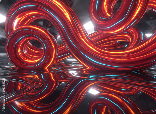 Abstract glowing tubes intertwined with neon light in a reflective environment