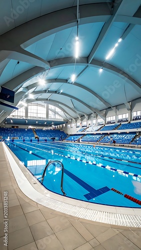 Indoor swimming pool with blue lanes and white ceiling