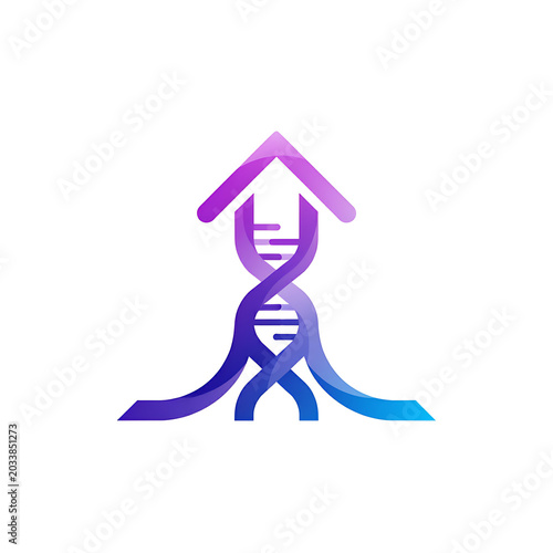 DNA helix forming a house shape with upward pointing arrows and gradient colors illustration