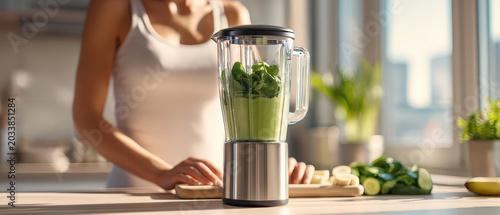 Young athletic woman preparing green smoothie with spinach and cucumber in blender at home kitchen. Concept of healthy lifestyle, detox nutrition and fitness diet.