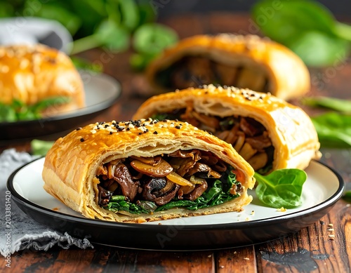 Savory pastry filled with mushrooms and greens on plate