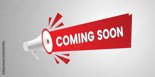 Megaphone graphic illustration with red banner displaying coming soon message for marketing and promotional campaign.