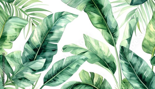 Tropical green leaves on white background