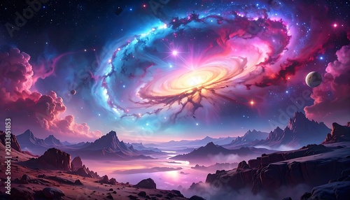 Vibrant cosmic landscape with swirling galaxy and mountain range