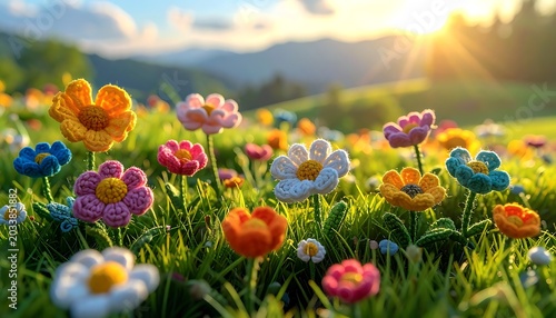 Vibrant flowers in a lush green field at sunset