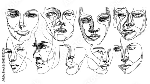 Quadro em tela Abstract Line Art Illustrations Of Diverse Human Faces Expressing Various Emotio