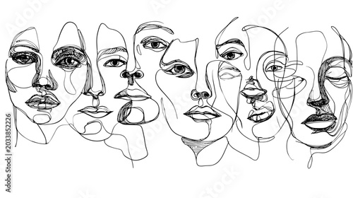 Canvastavla Abstract Line Art Illustration of Multiple Faces in Monochrome Style Expressing