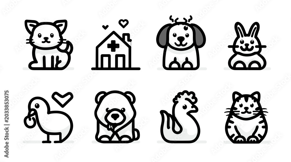 Obraz premium Collection of Adorable Cartoon Animal Illustrations Including Cat Dog Rabbit and Bear