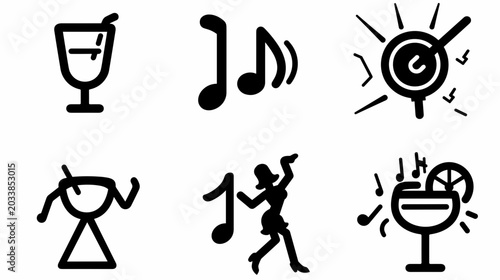 Cocktail Glasses and Musical Notes Symbolizing Celebration in a Vibrant Party Atmosphere