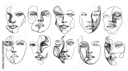 Bild auf Leinwand Collection of Abstract Faces Illustrating Various Emotions and Expressions in Bl