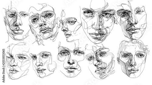 Foto Collection of Abstract Faces with Varied Expressions and Emotions in Monochrome