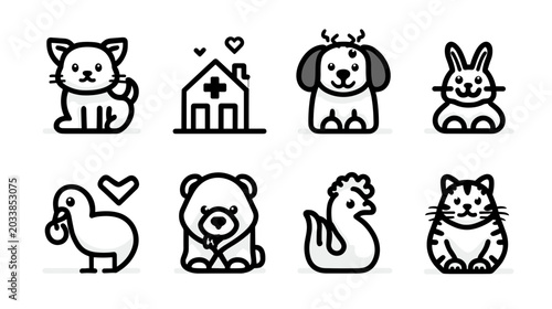 Obraz na plátne Collection of Adorable Cartoon Animal Illustrations Including Cat Dog Rabbit and