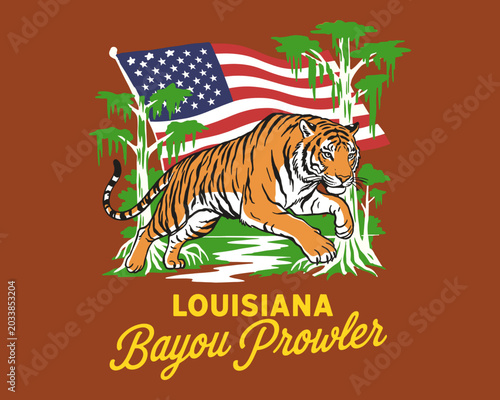 Tableau sur toile Vintage Louisiana Bayou Prowler tiger graphic with American flag and swamp cypre