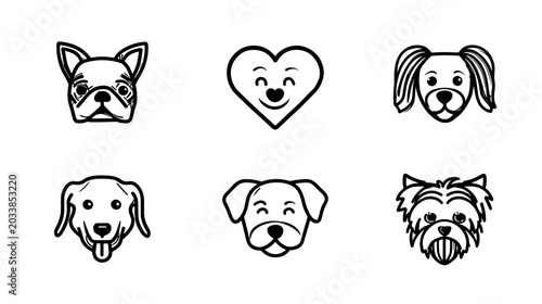 Fotografie Collection of Cartoon Dog Faces with Expressions and a Heart Icon on a White Bac